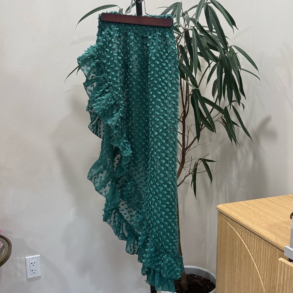 Pop St Barth Teal Ruffled Asymmetrical Midi Skirt